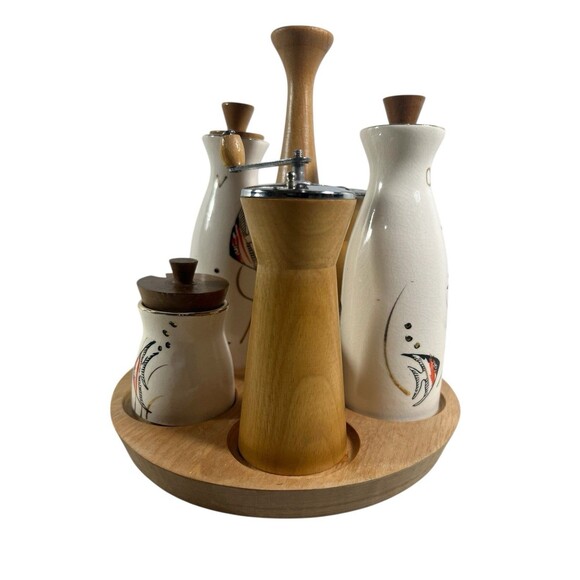 VTG Woodpecker Wood Ware Condiment Caddy Angel Fish Cruet Set 60s MCM Rare *READ - Picture 3 of 15